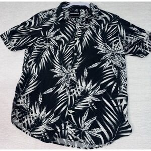Amnesia Men's M Tropical Print Short Sleeve Button-Up Shirt Black White